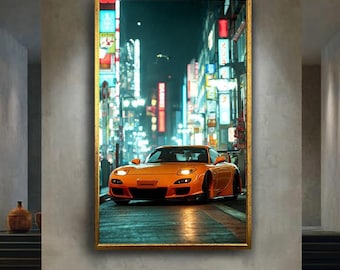 JDM Street Racing Car Canvas Wall Art, Orange Sports Car in Tokyo Night Scene, Neon City Drift Poster for Garage or Car Lover Gift