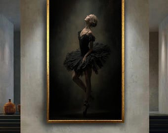 Dark Elegant Ballerina Wall Art Print, Graceful Black Tutu Ballet Dancer Poster for Dance Lovers and Studio Interior Decor