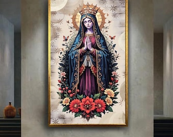 Modern Virgin Mary Wall Art Print | Spiritual Religious Madonna Canvas | Catholic Blessed Mother Artwork with Floral and Halo Design