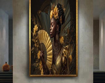 African Woman Canvas Wall Art with Golden Dress, Floral Headpiece and Fan, Luxury Glamour Portrait Home Decor for Living Room