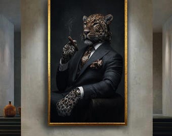 Leopard Gentleman Canvas Wall Art – Sophisticated Animal Portrait in Suit with Cigar – Luxury Anthropomorphic Print for Bold Home Decor