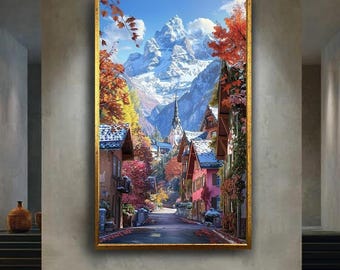 European Mountain Village Canvas Wall Art – Snowy Alps Church Scene with Autumn Colors for Cozy Cabin or Nature Inspired Home Decor
