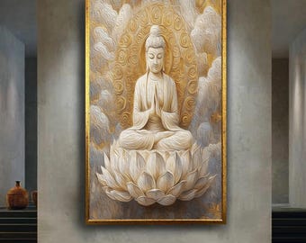 White Buddha Canvas Print Lotus Meditation Wall Art Zen Spiritual Decor Golden Clouds Peaceful Enlightenment Poster for Home Temple