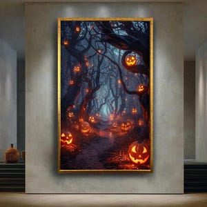 光るジャック・オー・ランタンが描かれた、不気味なハロウィンの森のキャンバスウォールアート。ゴシックや秋のインテリアにぴったりのダークパンプキンパスプリント。