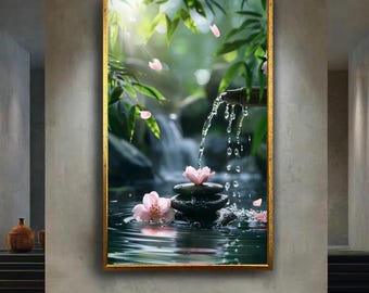 Zen Garden Wall Art with Bamboo Water Fountain Stones and Pink Lotus Flowers Tranquil Meditation Artwork Spa Home Decor