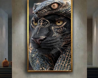 Black Panther and Serpent Fantasy Art Print, Mystical Jungle Cat with Snake Wall Decor, Powerful Tribal Animal Illustration