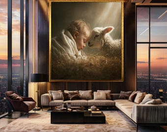 Tender Baby and Lamb Canvas Wall Art with Warm Light – Peaceful Nativity Inspired Nursery Print for Christian Home Decor