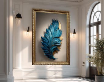 Blue Feather Abstract Wall Art Print, Luxury Gold Accent Poster, Modern Nature Inspired Decor, Elegant Minimalist Printable Artwork