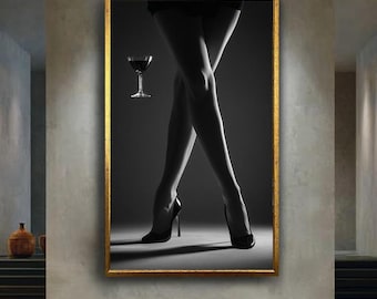 Black and White Minimalist Canvas Wall Art with Woman Legs in High Heels and Wine Glass, Elegant Glamour Photography for Home Deco