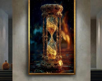 Elegant Gold Hourglass Canvas Wall Art with Glittering Sand, Luxury Time Symbol Print for Office or Home Decor, Fantasy Style Artwork