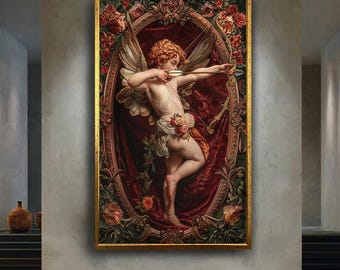 Baroque Cupid Angel Canvas Wall Art, Classic Renaissance Style Artwork with Floral Frame, Romantic Home Decor and Love Gift