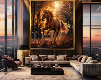Wild Horse Autumn Forest Wall Art, Running Horse Photography Print, Rustic Fall Animal Decor for Western or Nature Inspired Homes