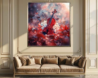Romantic Violin Wall Art with Red Flowers, Butterflies and Soft Bokeh, Musical Nature Canvas Print for Music Room or Gift Decor