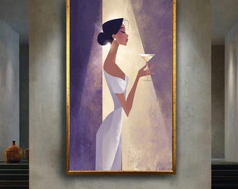 Elegant Woman Wall Art Print, Minimalist Fashion Illustration with Cocktail, Modern Glamorous Lady Poster for Chic Home Decor