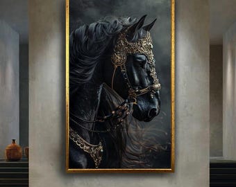 Royal Black Horse Wall Art Fantasy Canvas Print Baroque Gold Armor Animal Poster for Elegant Home Decor or Gothic Gift Idea