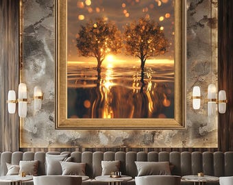 Golden Trees at Sunset Canvas Wall Art with Magical Water Reflections, Dreamy Nature Print for Calm Zen or Romantic Home Decor