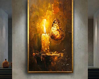 Butterfly and Candle Canvas Wall Art, Warm Oil Painting Style Artwork for Home Decor, Romantic Gift for Nature and Art Lovers