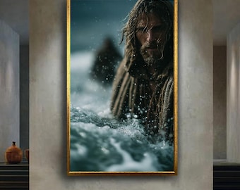 Jesus Ocean Wall Art Print, Biblical Storm Scene Digital Poster, Faith in Water Spiritual Decor, Christian Inspirational Artwork