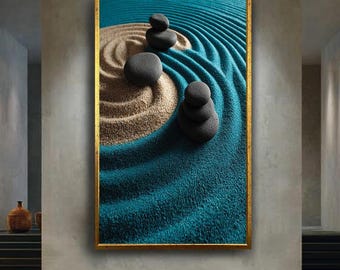 Modern Zen Garden Canvas Print – Turquoise Sand and Black Stones Wall Art for Meditation Room, Spa Decor or Minimalist Home Interior