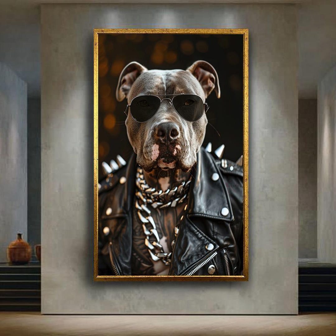 Cool Dog Wall Art in Leather Jacket With Sunglasses Rocker Punk