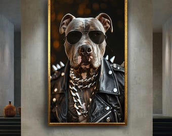 Cool Dog Wall Art in Leather Jacket with Sunglasses Rocker Punk Pet Portrait Funny Animal Artwork Modern Decor