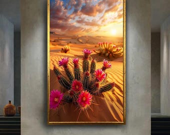 Desert Cactus Canvas Wall Art with Pink Blooms at Sunset – Vibrant Southwestern Nature Print for Boho or Warm Earth Tone Home Decor