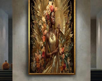 Elegant African Woman Canvas Wall Art with Gold Dress and Floral Crown, Luxury Glamour Portrait Home Decor for Living Room