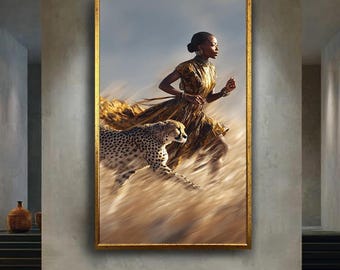 Powerful African Woman Running with Cheetah Canvas Art, Wild Energy Print for Bold Home Decor and Fashion-Inspired Wall Poster