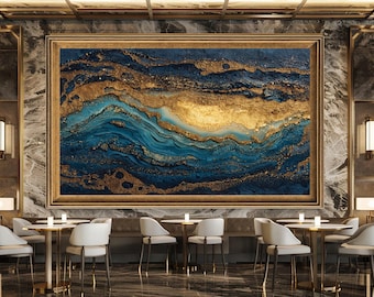 Blue Gold Abstract Wall Art Print, Luxury Fluid Canvas Art, Modern Geode Style Artwork for Elegant Home or Office Decor