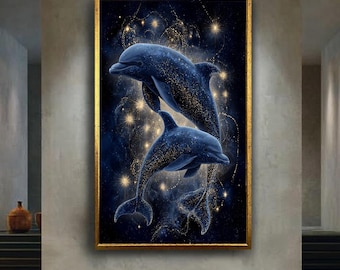 Galaxy dolphin wall art celestial dolphin canvas print night sky ocean decor starry sea life artwork for dreamy room or kids space