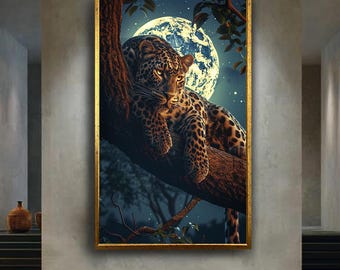 Leopard Canvas Wall Art Print with Full Moon, Mystical Jungle Animal Artwork for Bedroom or Office, Big Cat Nocturnal Nature Decor