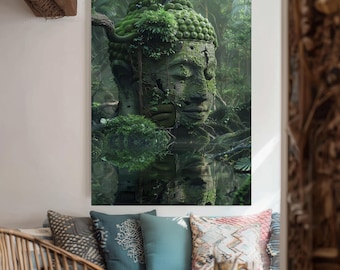 Ancient Buddha Jungle Canvas Wall Art – Overgrown Temple Head Statue in Lush Green Forest with Mystical Reflection and Zen Atmosphere