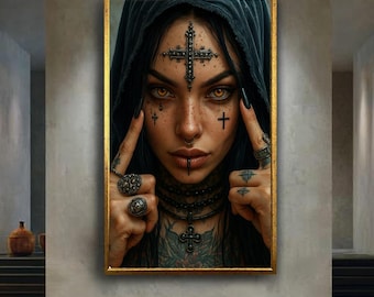 Gothic Woman With Cross Tattoos Digital Art Dark Aesthetic Portrait Poster Alternative Style Wall Print For Edgy Room Or Tattoo Decor