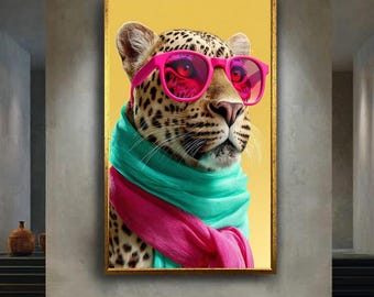 Cool Leopard Wall Art with Pink Sunglasses and Scarf, Colorful Animal Portrait for Modern Pop Art and Trendy Home Decor