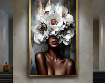Black Woman Floral Wall Art Canvas, Elegant Dark Skin Beauty with White Flowers Illustration, Modern Afro Chic Botanical Home Decor Print