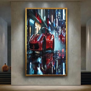 Red Sports Car Night City Canvas Wall Art, Modern Luxury Automobile Artwork for Home Decor, Gift for Car Lovers and Enthusiasts