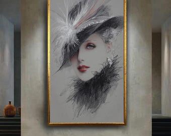 Vintage Glamour Woman Portrait Canvas Wall Art with Feather Hat and Red Lips, Elegant Retro Fashion Illustration for Home Decor