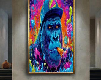 Neon Gorilla Pop Art Poster, Psychedelic Candy Ape Wall Print, Urban Streetwear Animal Art, Colorful Canvas Art Decor