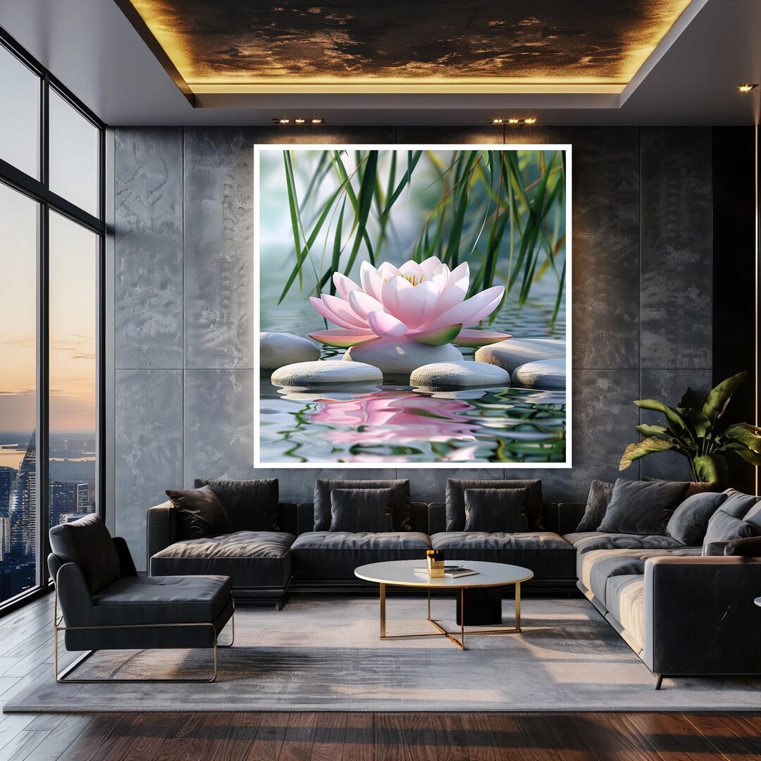 Pink Lotus Flower Wall Art With Zen Stones and Water Reflection ...