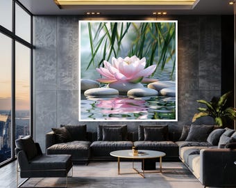 Pink Lotus Flower Wall Art with Zen Stones and Water Reflection, Peaceful Botanical Canvas Print for Calm Spa or Meditation Decor