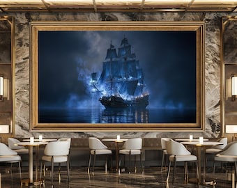 Ghost Ship at Sea Fantasy Canvas Wall Art Mysterious Blue Sailing Ship Print Gothic Nautical Night Decor for Living Room or Office