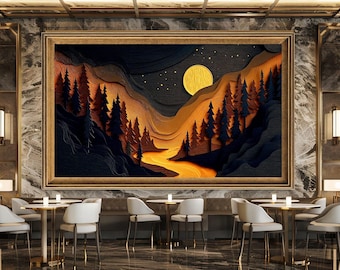 Depicting a forest, mountains, and a river shimmering in the moonlight, this canvas wall painting is ideal for nature-inspired home decor.