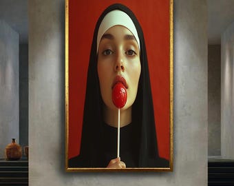 Modern Conceptual Portrait Wall Art Print – Bold Woman with Red Lollipop in Nun Outfit – Edgy Pop Art Canvas for Contemporary Decor
