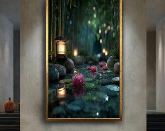 Zen Lotus Pond Wall Art Print – Japanese Garden with Lanterns Canvas – Tranquil Spa Meditation Poster – Peaceful Nature Decor