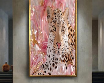 Luxury Leopard Print Wall Art with Pink Crystals and Flowers, Glam Animal Decor for Fashionable Interiors and Feminine Spaces