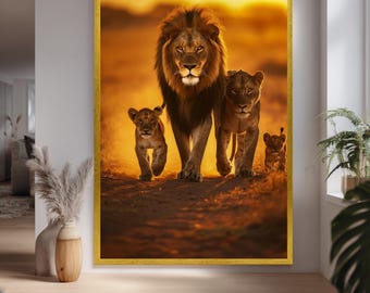 Lion Family Walking Canvas Wall Art – Powerful African Wildlife Print for Safari Themed Room, Nature Inspired Home and Animal Lovers