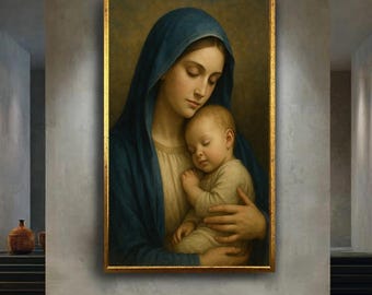 Virgin Mary Holding Baby Jesus Art - Catholic Mother and Child Poster - Spiritual Christian Wall Decor with Sacred Love and Peace