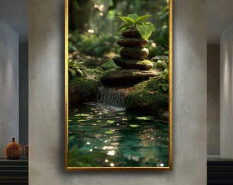 Zen Garden Canvas Wall Art with Stacked Mossy Stones, Tropical Leaves and Waterfall – Tranquil Forest Print for Spa or Yoga Decor