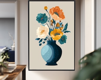 Modern Floral Vase Wall Art Colorful Botanical Poster Blue Orange Yellow Flower Print Minimalist Home Decor Canvas