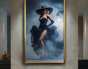 Glamorous Woman in Black Gown and Wide Brim Hat Canvas Wall Art, Elegant High Fashion Portrait Photography for Luxury Home Decor